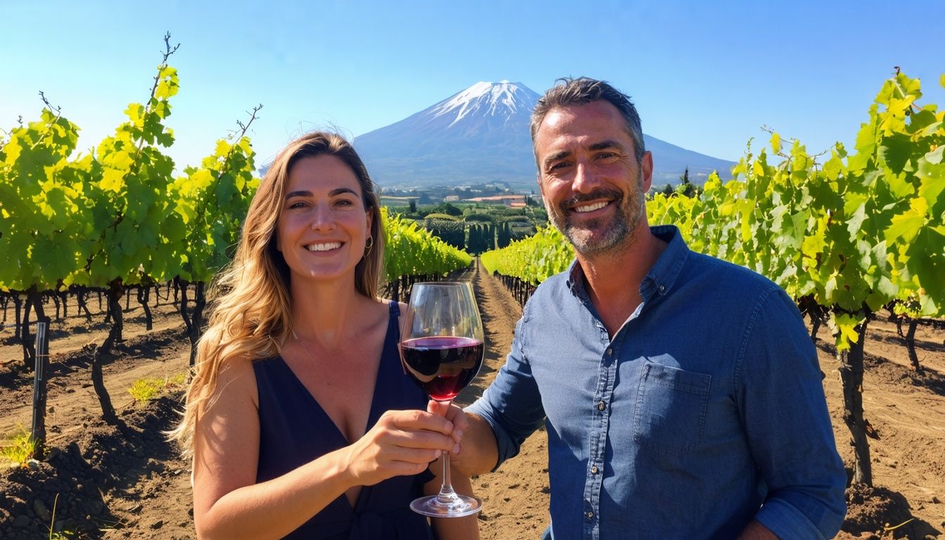 A couple enjoys Etna wine in Sicilian vineyards with Mount Etna.