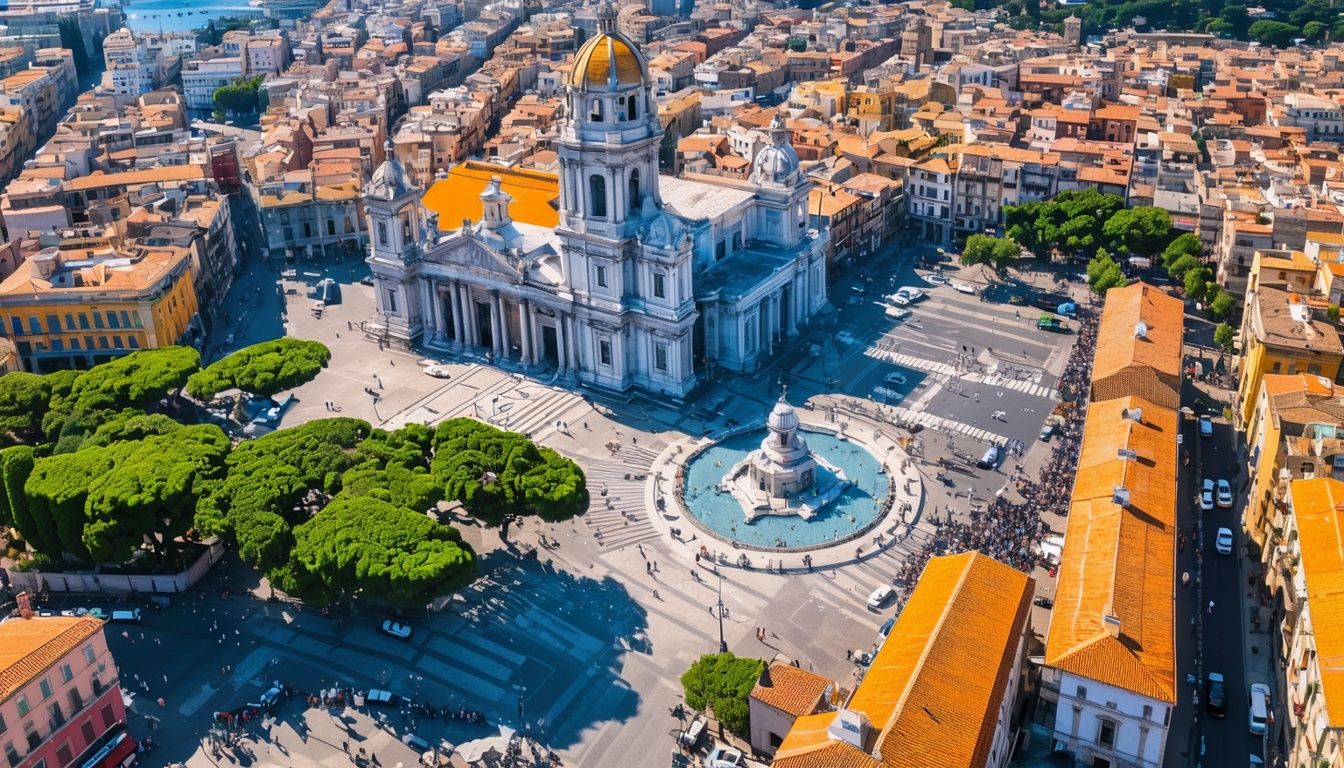 Aerial view of Catania's iconic landmarks in warm Sicilian sun.