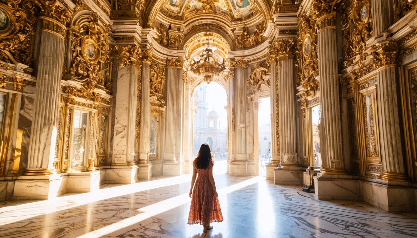 A woman in her late 20s admires the intricate marble and decorations of a Sicilian Baroque building.