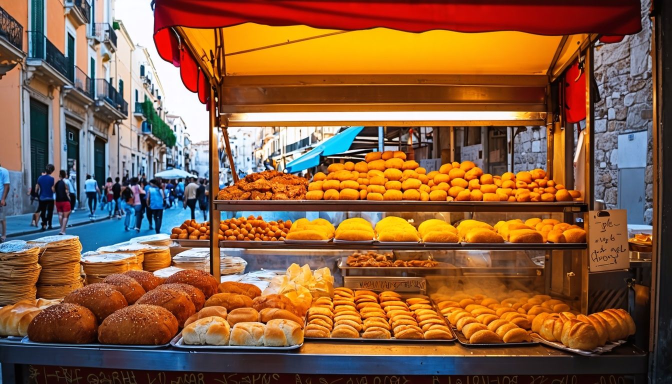 A street food stall in Palermo displaying traditional Sicilian dishes.